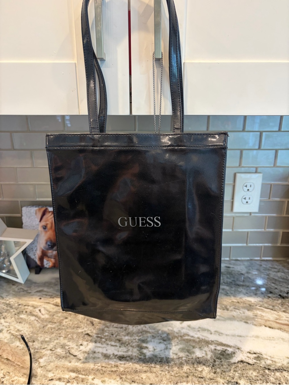 Guess Black Patent Vertical Tote with Logo - Picture 2 of 2